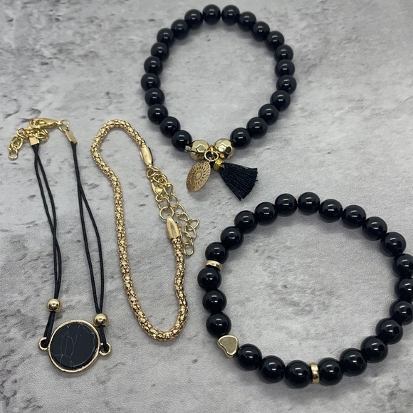 Boho Chic Black Marble Beaded Layering Bracelet Set - Picture 4 of 13